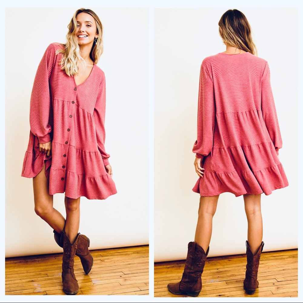 The Perfect Dress! Textured Solid Long Sleeves Tiered Dress in a beautiful color